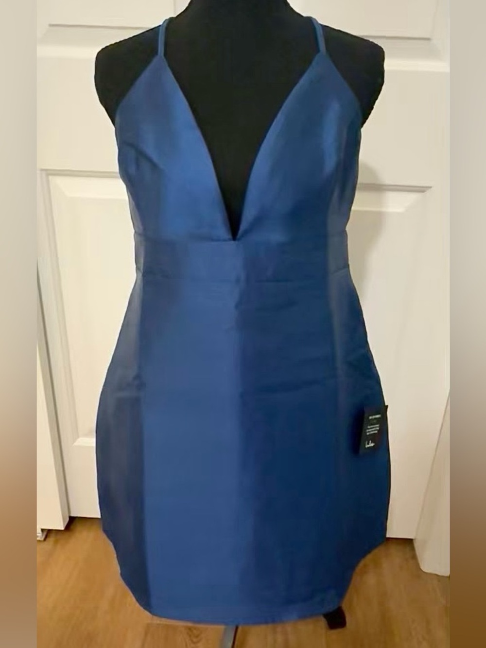 Lulus Glamorous Life Navy Blue Satin Dress Mini Plunging V Neck Cocktail XL NWT